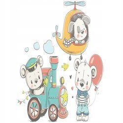 Naklejka na ścianę Misiek z balonem brat w pociągu kolega piesek w helikopterze 90 cm na 60 cm