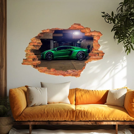 Naklejka na ścianę 3D SAMOCHODY zielone Lamborghini w garażu 90 cm na 60 cm