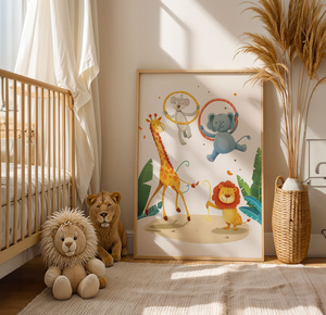Plakat Safari Zwierzątka – Radosna Zabawa w Dżungli A3 | Pokój Malucha | Ramka Drewniana
