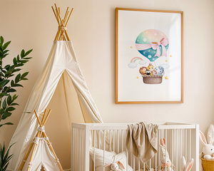 Plakat Zwierzątka w Balonie – Dekoracja do Pokoju Dziecka A3 | Ramka z Jasnego Drewna