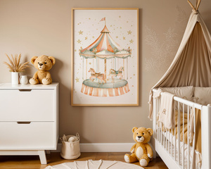 Plakat Karuzela z Konikami w Ramce 42x30 cm – Bajkowa Dekoracja do Pokoju Dziecka | A3 z Drewnianą Ramką