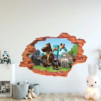 Naklejka 3D Minecraft na koniu z mieczem dla dzieci rozmiar 60 cm na 90 cm