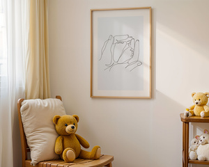 Plakat Stópki w Dłoniach – Niebieskie Tło | Minimalistyczna Dekoracja do Pokoju Dziecka A3 | Ramka z Jasnego Drewna