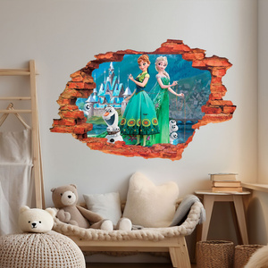 Naklejka na ścianę 3D KRAINA LODU Anna i Elsa w zielonych sukienkach z małymi Olafami 60 cm na 90 cm