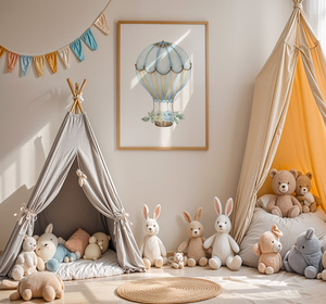 Plakat do Pokoju Dziecka 42x30 cm – Niebieski Balon z Kwiatami | Ramka Drewniana A3