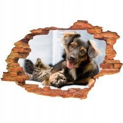 Naklejka na ścianę 3D Pies i Kot zabawa psa z kotem 90 cm na 60 cm