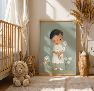 Plakat Chłopiec z Kwiatkami 42x30 cm – Dekoracja do Pokoju Dziecka | Ramka Drewniana A3