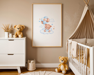 Plakat Miś z Balonami na Chmurce 42x30 cm – Dekoracja do Pokoju Niemowlęcia | Format A3 w Ramce z Drewna