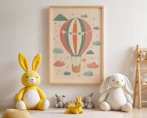 Plakat dla Dzieci w Ramce 42x30 cm – Balon i Chmurki | Dekoracja do Pokoju Malucha