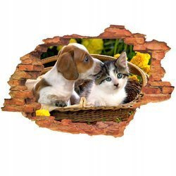 Naklejka na ścianę 3D Pies i Kot w koszyku dachowiec i kanapowiec 90 cm na 60 cm