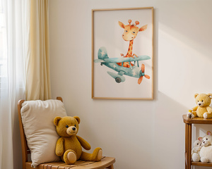 Plakat Żyrafa w Samolocie – Dekoracja do Pokoju Dziecka A3 | Ramka z Jasnego Drewna