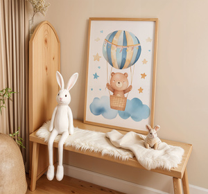 Plakat Miś w Balonie – Plakat do Pokoju Dziecka A3 | Ramka z Jasnego Drewna