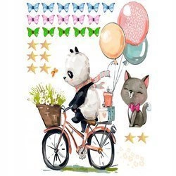 Naklejka na ścianę Panda na rowerze motylki z kotkiem i baloniki 90 cm na 60 cm