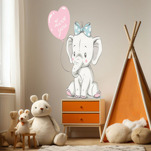 Naklejka na ścianę Słonik z różowym balonikiem kocham 90 cm na 60 cm
