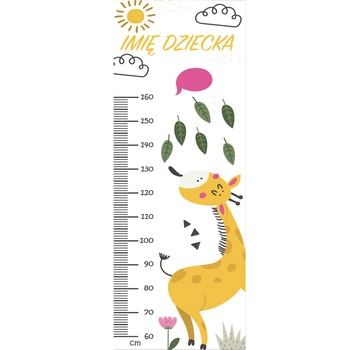 Naklejka na ścianę personalizowana miarka wzrostu żyrafa zjada liście 162 cm na 61 cm