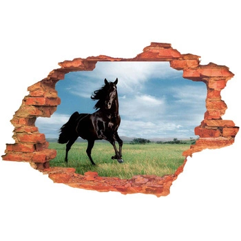 Naklejka na ścianę 3D KOŃ czarny na polanie 90 cm na 60 cm