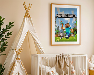 Plakat Minecraft w Ramce 42x30 cm – Steve z Diamentowym Kilofem | Dekoracja do Pokoju Dziecka