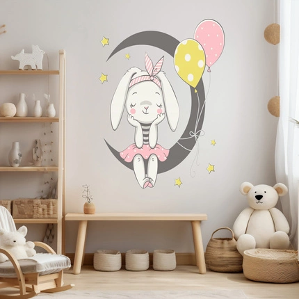 Naklejka na ścianę Króliczek siedzi na księżycu z balonami 90 cm na 60 cm