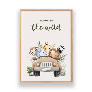 Plakat Safari Zwierzątka w Ramce – Welcome Into the Wild | Pokój Dziecka | Drewniana Ramka