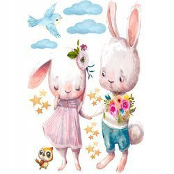 Naklejka na ścianę króliczki trzymają się za ręce kwiatki i ptaszek 90 cm na 60 cm