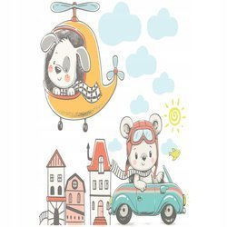 Naklejka na ścianę Misiek w samochodzie jedzie po mieście piesek leci w helikopterze 90 cm na 60 cm