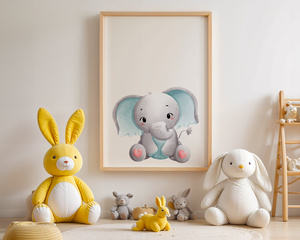 Plakat Słonik z Sercami – Dekoracja do Pokoju Dziecka A3 | Ramka z Jasnego Drewna