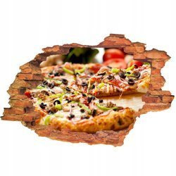 Naklejka na ścianę 3D Jedzenie pizza z zieloną papryką i pokrojonymi czarnymi oliwkami 90 cm na 60 cm