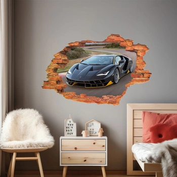 Naklejka na ścianę 3D SAMOCHODY czarne Lamborghini jedzie po drodze 90 cm na 60 cm