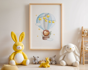 Plakat Lew w Balonie 42x30 cm – Urocza Dekoracja do Pokoju Dziecka | Format A3 z Ramką Drewnianą