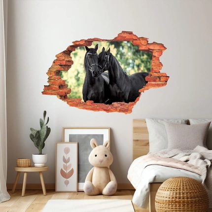 Naklejka na ścianę 3D KONIE para czarnych 90 cm na 60 cm