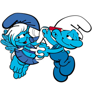 Naklejka na ścianę SMERFY taniec smerfetki i smerfusia 90 cm na 60 cm