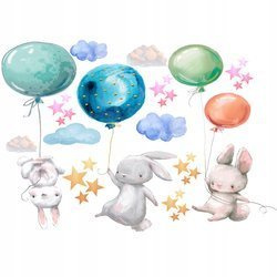 Naklejka na ścianę króliczki z balonikami gwiazdkami i chmurkami 90 cm na 60 cm