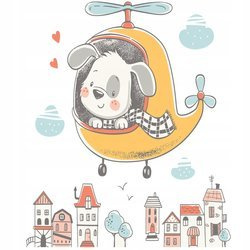 Naklejka na ścianę Piesek leci helikopterem nad miastem 90 cm na 60 cm