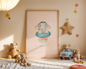 Plakat Słonik na Basenie – Dekoracja do Pokoju Dziecka A3 | Ramka z Jasnego Drewna