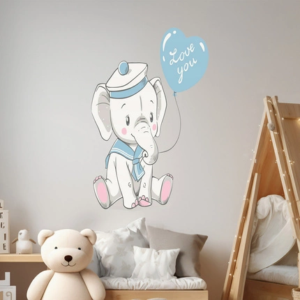 Naklejka na ścianę Słonik marynarz z balonikiem kocham 90 cm na 60 cm