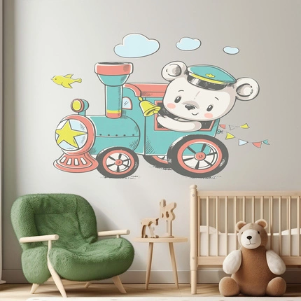 Naklejka na ścianę Misiek prowadzi pociąg z ptaszkiem 90 cm na 60 cm