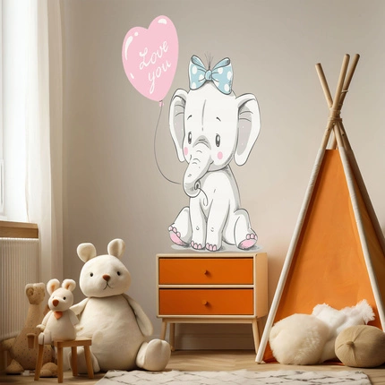 Naklejka na ścianę Słonik z różowym balonikiem kocham 90 cm na 60 cm