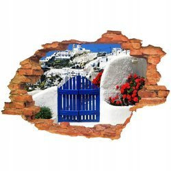 Naklejka na ścianę 3D Santorini niebieska brama wśród białych kamieni z czerwonymi kwiatami 90 cm na 60 cm