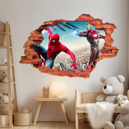 Naklejka na ścianę 3D Spider Man walczy z Iron Man 90 cm na 60 cm
