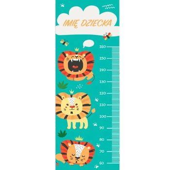 Naklejka na ścianę personalizowana miarka wzrostu uśmiechnięty lew z rodziną 162 cm na 61 cm