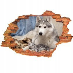 Naklejka na ścianę 3D Pies i Kot husky z szaro-burym mruczkiem 90 cm na 60 cm