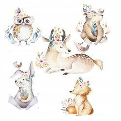 Naklejka na ścianę Zwierzęta Leśne z kwiatkami Boho 90 cm na 60 cm