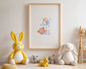 Plakat Miś z Balonami 42x30 cm – Dekoracja do Pokoju Niemowlaka | Format A3 w Drewnianej Ramce
