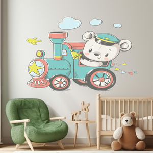 Naklejka na ścianę Misiek prowadzi pociąg z ptaszkiem 90 cm na 60 cm