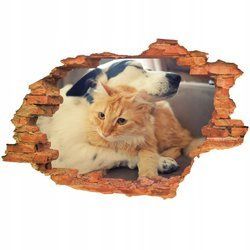 Naklejka na ścianę 3D Pies i Kot kotek o zielonych oczach w objęciach psa 90 cm na 60 cm