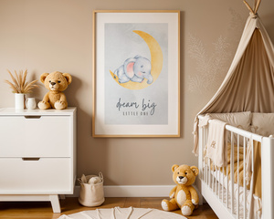 Plakat Dream Big Słonik na Księżycu – Dekoracja do Pokoju Dziecka A3 | Ramka z Jasnego Drewna