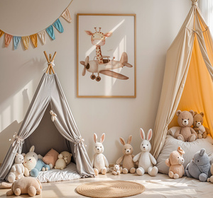 Plakat Żyrafa w Beżowym Samolocie – Dekoracja do Pokoju Dziecka A3 | Ramka z Jasnego Drewna