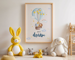 Plakat Safari w Balonie – Zwierzątka w Niebie A3 | Pokój Dziecka | Ramka z Naturalnego Drewna
