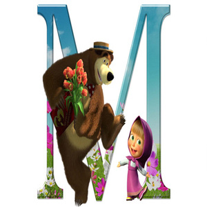 Naklejka na ścianę MASZA I NIEDŹWIEDŹ niedzwiedz z bukietem tulipanów składa życzenia  Maszy 90 cm na 60 cm