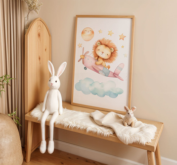 Plakat dla Dzieci w Ramce 42x30 cm – Lew w Samolocie | Dekoracja do Pokoju Malucha